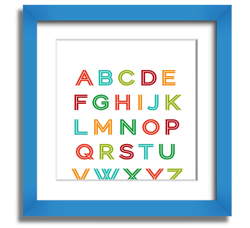 A colorful square framed print featuring the alphabet, handmade in the UK, displayed in a stylish frame.