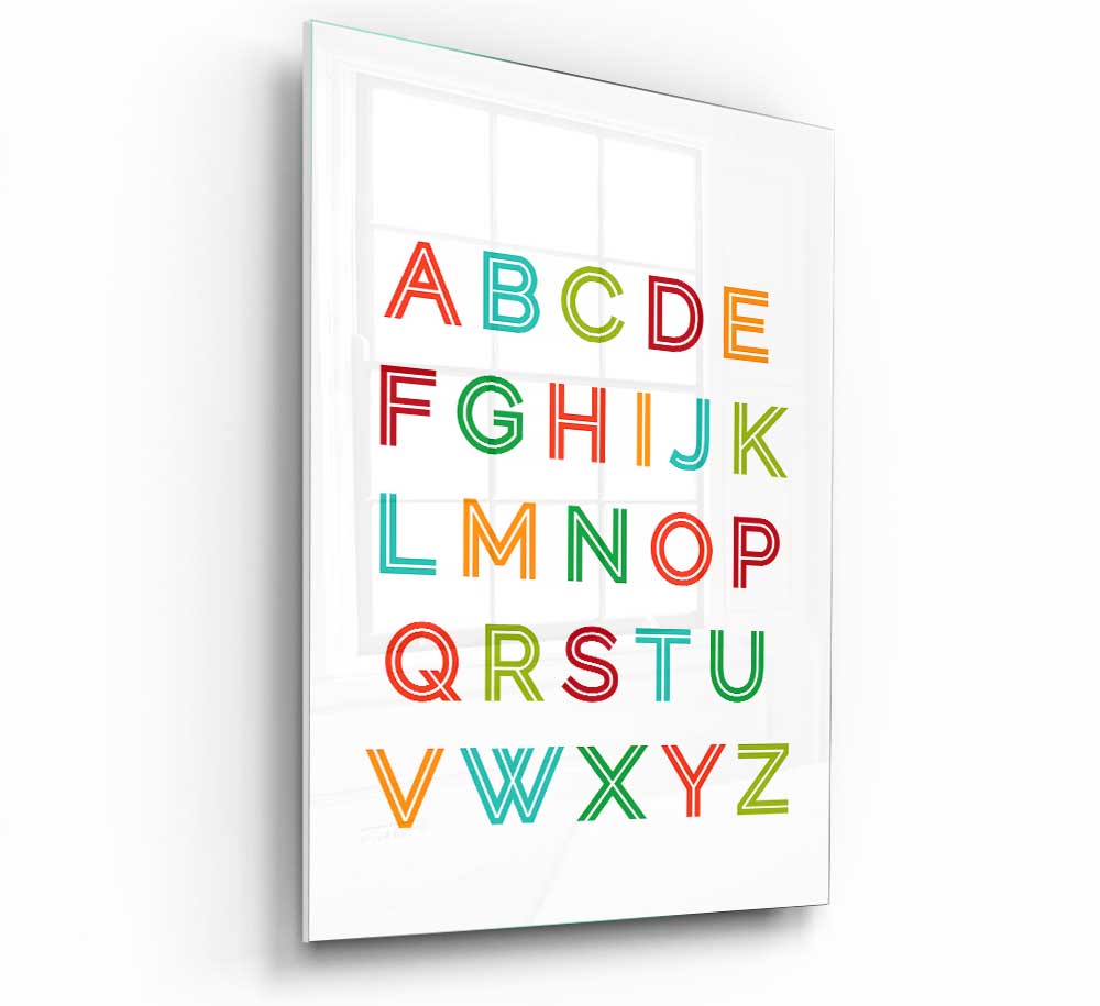 Colorful Alphabet Colours glass print showcasing vibrant letters on a sleek glass surface, perfect for modern decor.