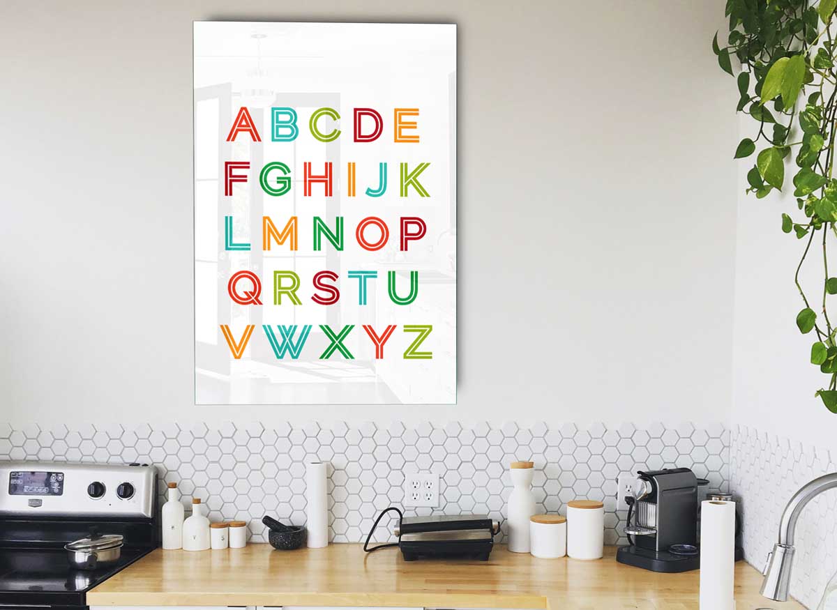 Colorful Alphabet Colours glass print showcasing vibrant letters on a sleek glass surface, perfect for modern decor.