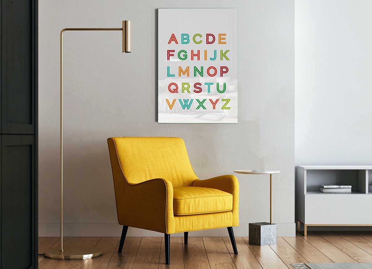 Colorful Alphabet Colours glass print showcasing vibrant letters on a sleek glass surface, perfect for modern decor.