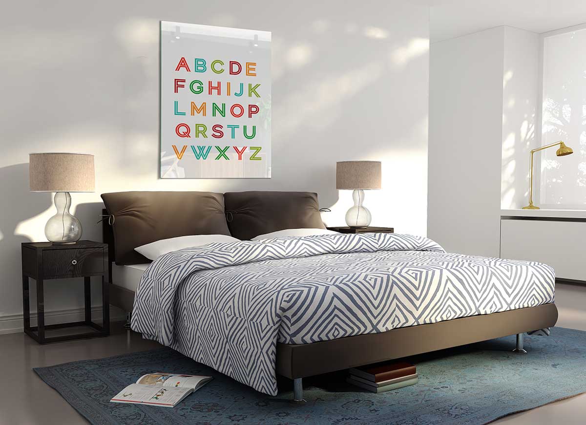 Colorful Alphabet Colours glass print showcasing vibrant letters on a sleek glass surface, perfect for modern decor.