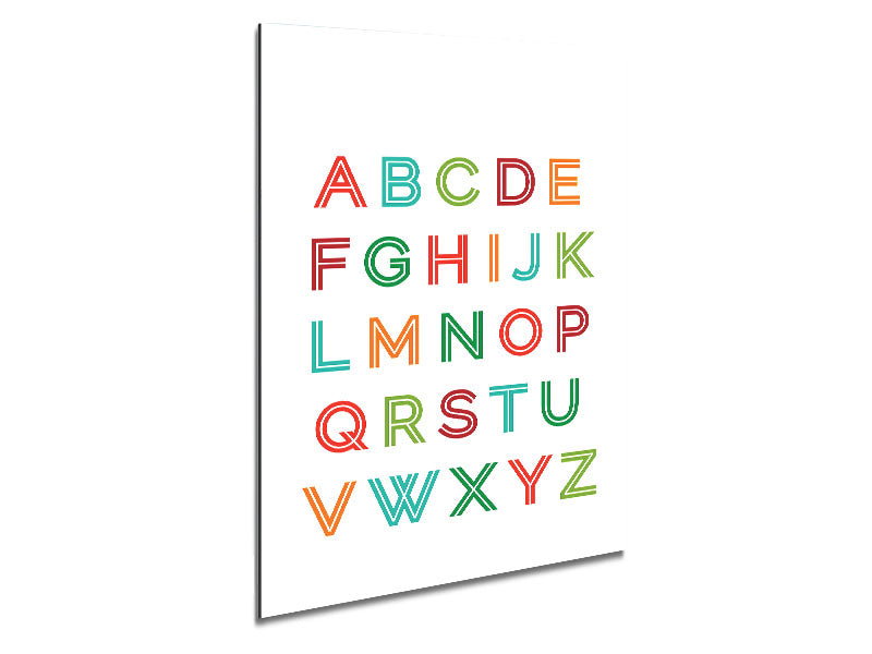 Vibrant Alphabet Colours artwork printed on brushed aluminium dibond, showcasing a modern design with colorful letters.