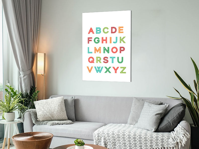 Vibrant Alphabet Colours artwork printed on brushed aluminium dibond, showcasing a modern design with colorful letters.