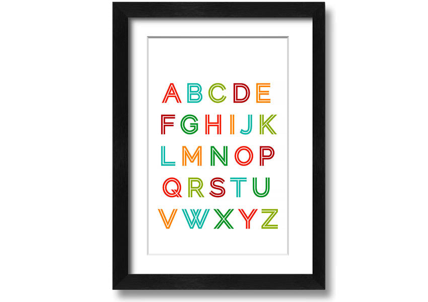 A colorful framed print featuring the alphabet in vibrant colors, suitable for children's rooms.