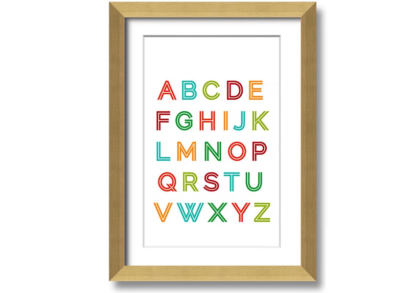 A colorful framed print featuring the alphabet in vibrant colors, suitable for children's rooms.