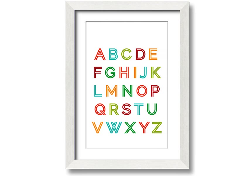 A colorful framed print featuring the alphabet in vibrant colors, suitable for children's rooms.