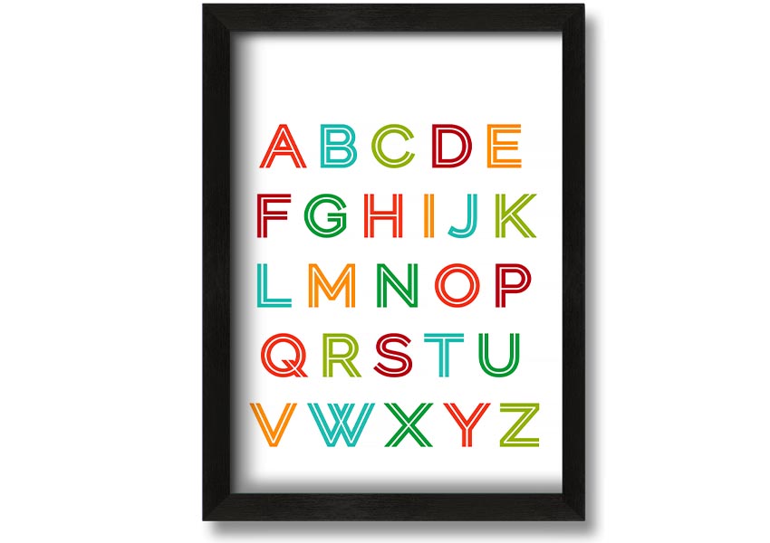 A colorful framed print featuring the alphabet in vibrant colors, suitable for children's rooms.