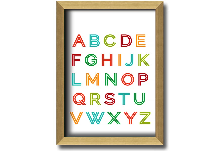 A colorful framed print featuring the alphabet in vibrant colors, suitable for children's rooms.