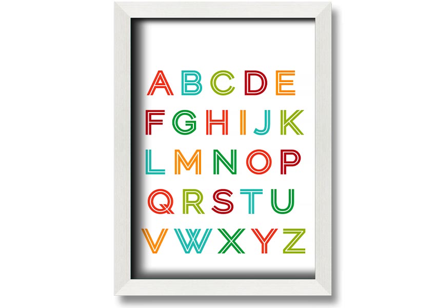 A colorful framed print featuring the alphabet in vibrant colors, suitable for children's rooms.