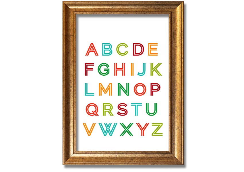 A colorful framed print featuring the alphabet in vibrant colors, suitable for children's rooms.