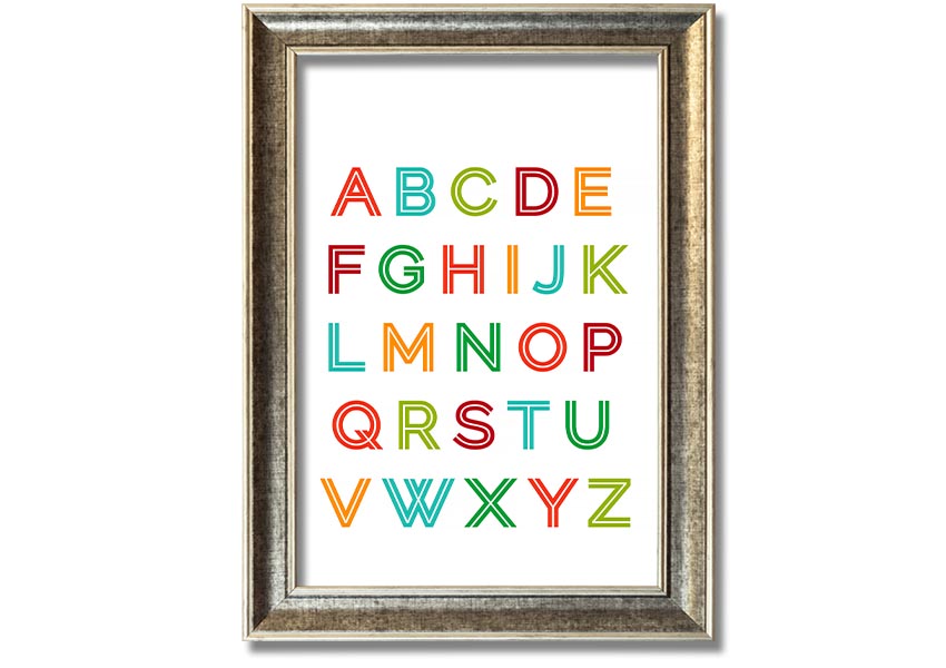 A colorful framed print featuring the alphabet in vibrant colors, suitable for children's rooms.