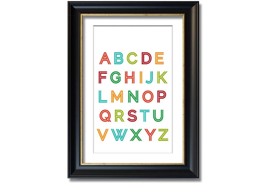 A colorful framed print featuring the alphabet in vibrant colors, suitable for children's rooms.