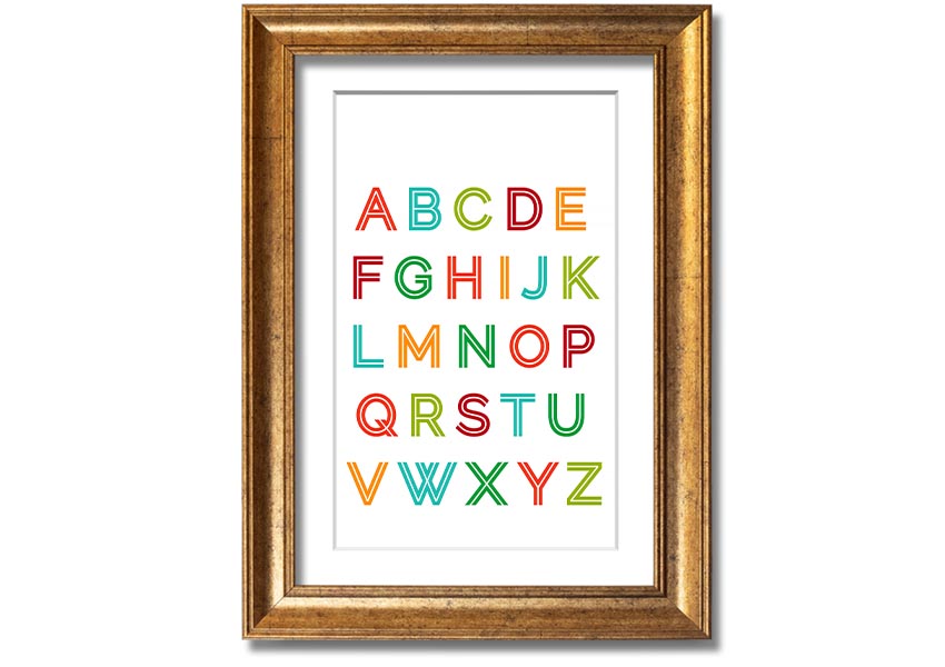 A colorful framed print featuring the alphabet in vibrant colors, suitable for children's rooms.