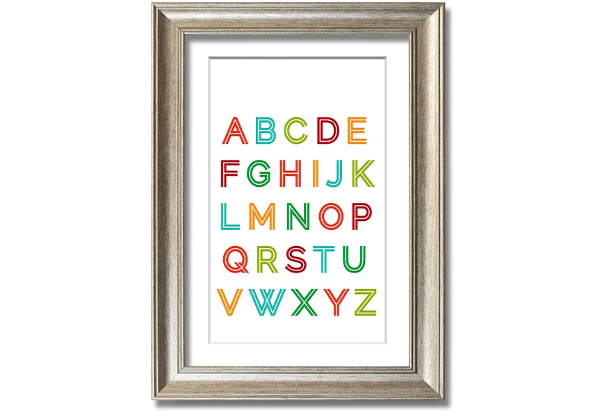 A colorful framed print featuring the alphabet in vibrant colors, suitable for children's rooms.