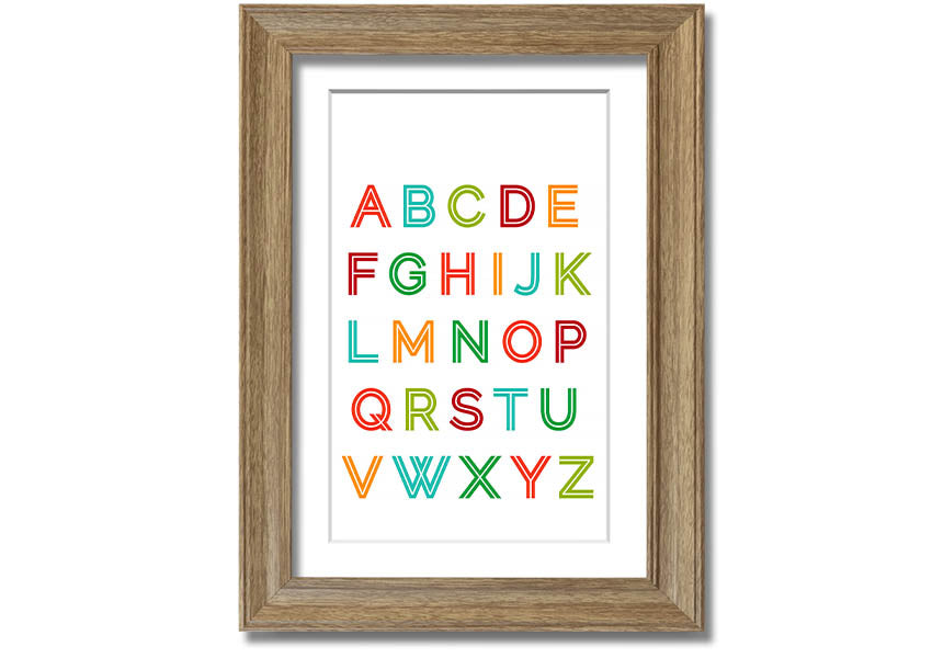 A colorful framed print featuring the alphabet in vibrant colors, suitable for children's rooms.