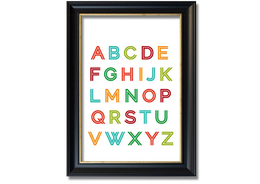 A colorful framed print featuring the alphabet in vibrant colors, suitable for children's rooms.