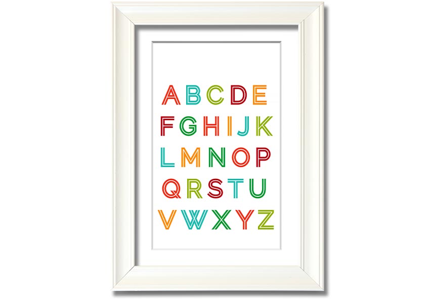 A colorful framed print featuring the alphabet in vibrant colors, suitable for children's rooms.