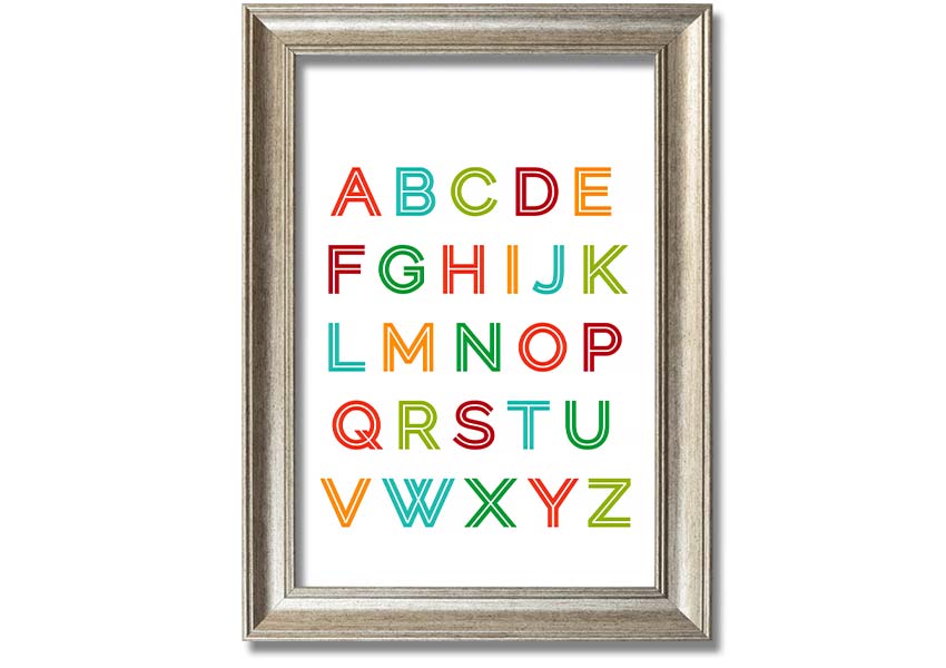 A colorful framed print featuring the alphabet in vibrant colors, suitable for children's rooms.