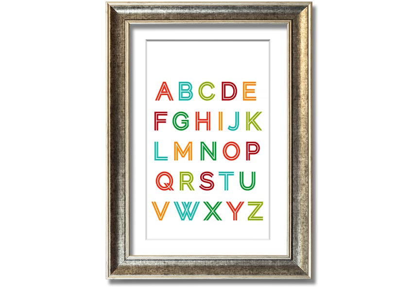 A colorful framed print featuring the alphabet in vibrant colors, suitable for children's rooms.