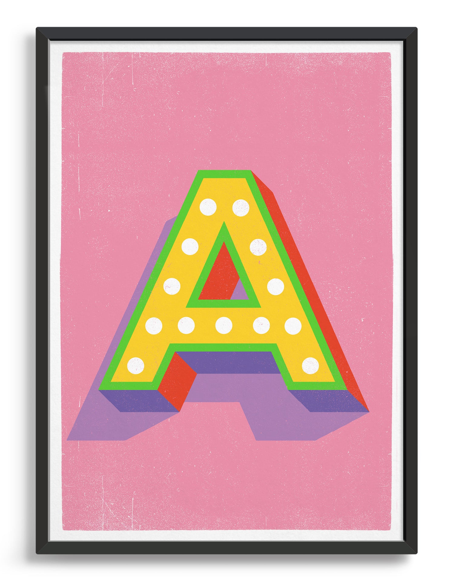 Personalized pink alphabet poster featuring customizable letters on heavyweight fine art paper.