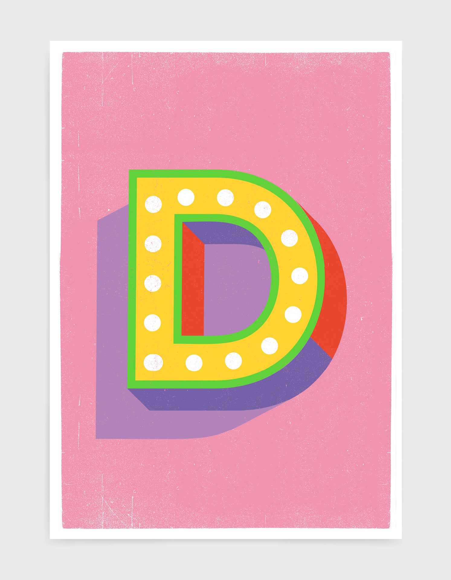 Personalized pink alphabet poster featuring customizable letters on heavyweight fine art paper.