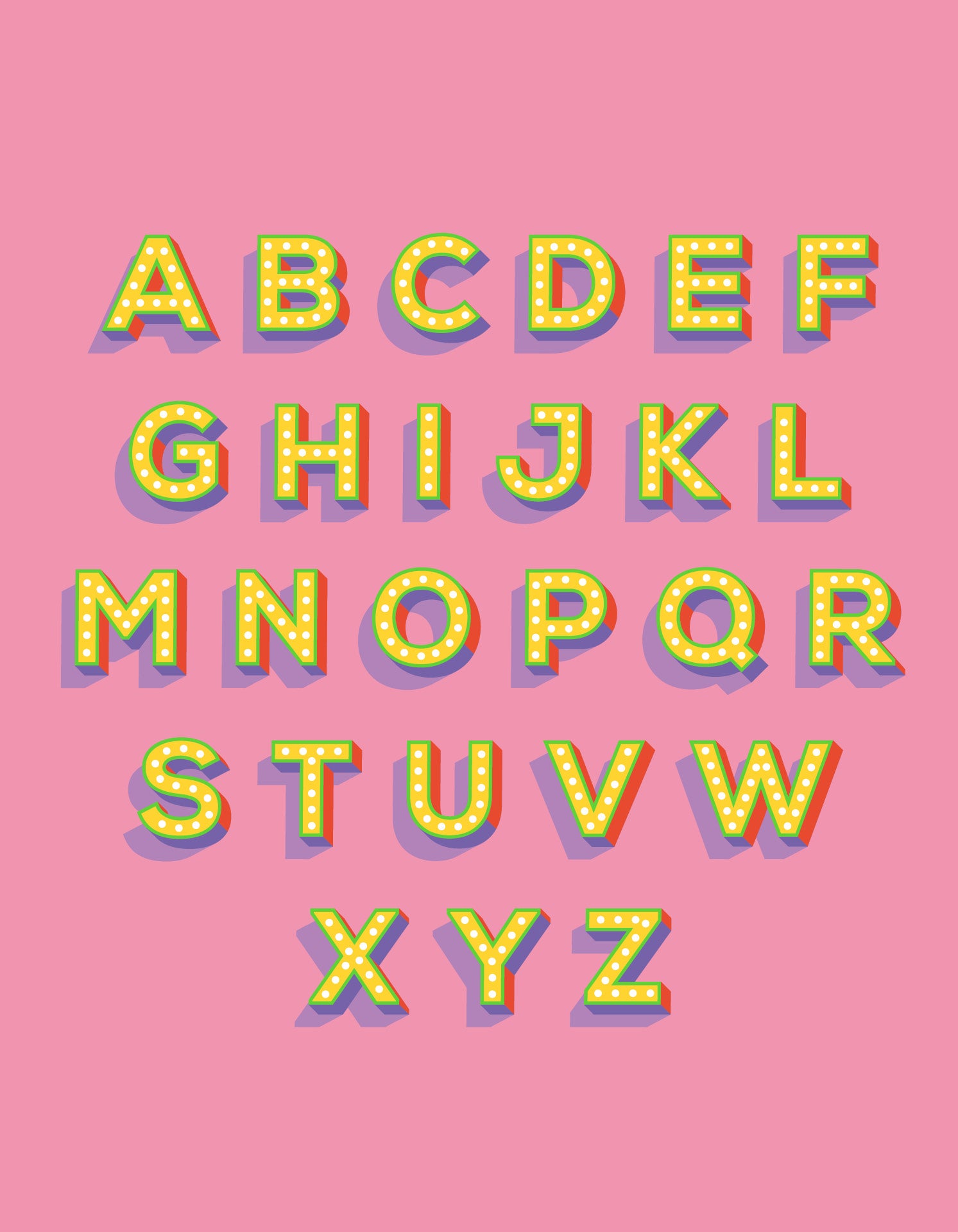 Personalized pink alphabet poster featuring customizable letters on heavyweight fine art paper.