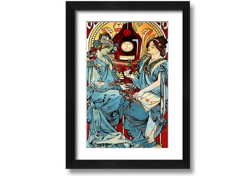 Framed Alphonse Mucha Benedictine print showcasing intricate Art Nouveau design.