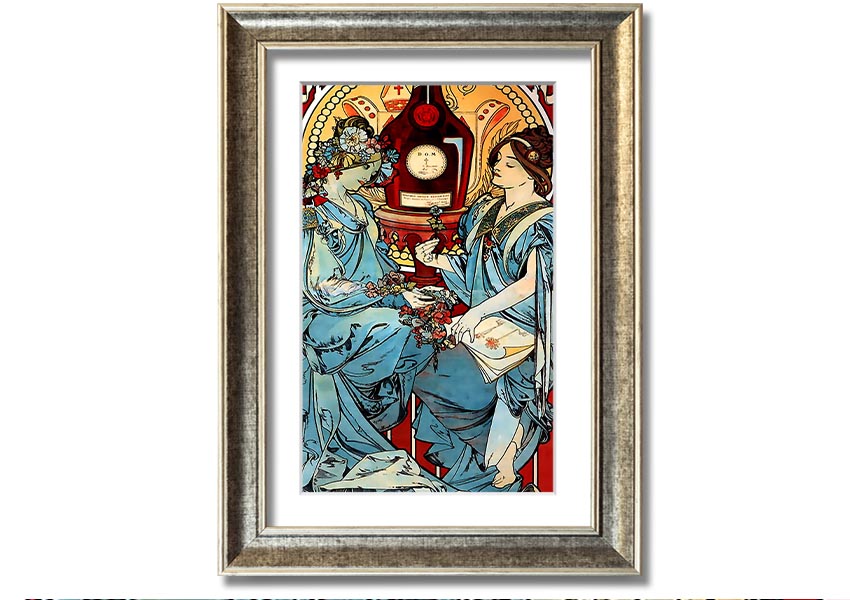 Framed Alphonse Mucha Benedictine print showcasing intricate Art Nouveau design.