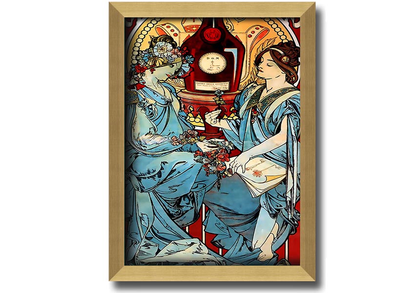 Framed Alphonse Mucha Benedictine print showcasing intricate Art Nouveau design.