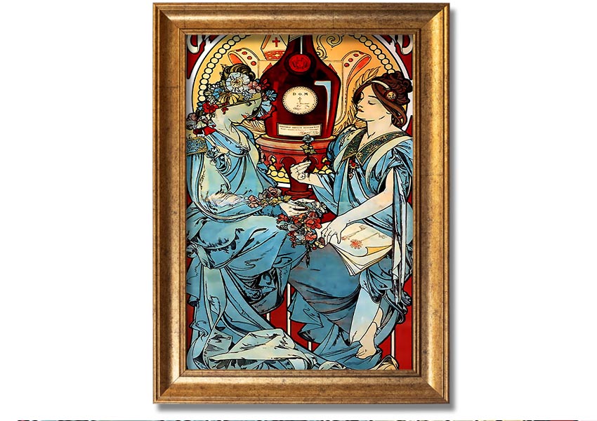 Framed Alphonse Mucha Benedictine print showcasing intricate Art Nouveau design.