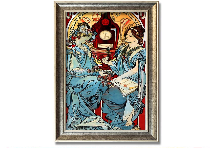 Framed Alphonse Mucha Benedictine print showcasing intricate Art Nouveau design.