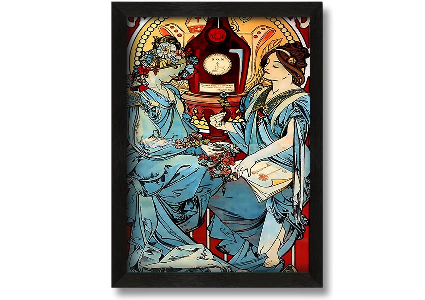 Framed Alphonse Mucha Benedictine print showcasing intricate Art Nouveau design.