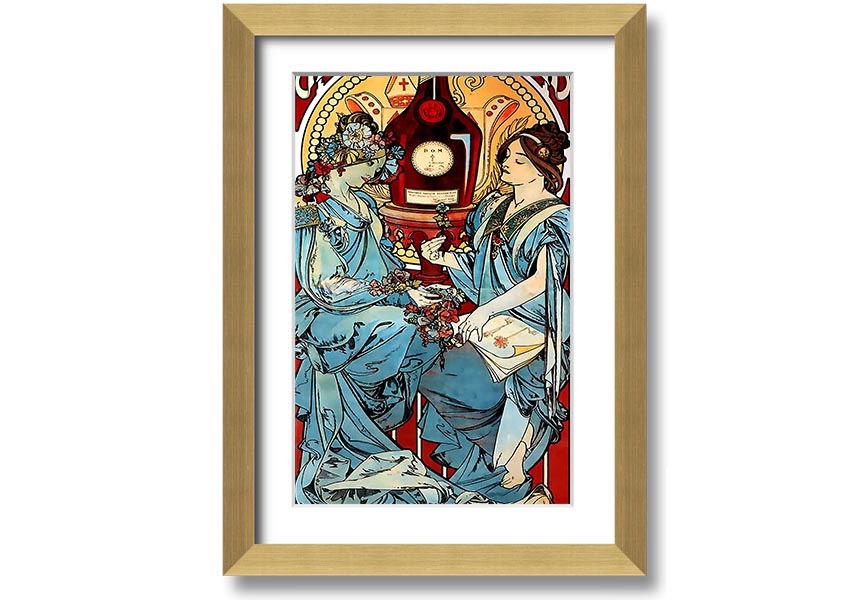 Framed Alphonse Mucha Benedictine print showcasing intricate Art Nouveau design.