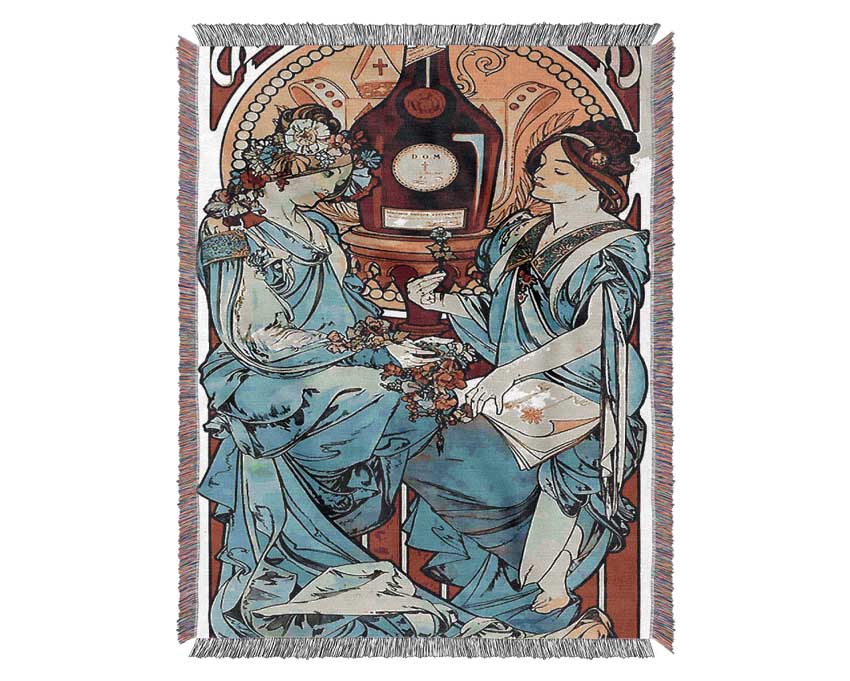 Alphonse Mucha Benedictine throw blanket made from 100% cotton with intricate Art Nouveau design.