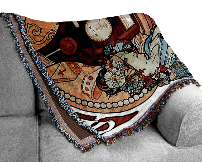 Alphonse Mucha Benedictine throw blanket made from 100% cotton with intricate Art Nouveau design.