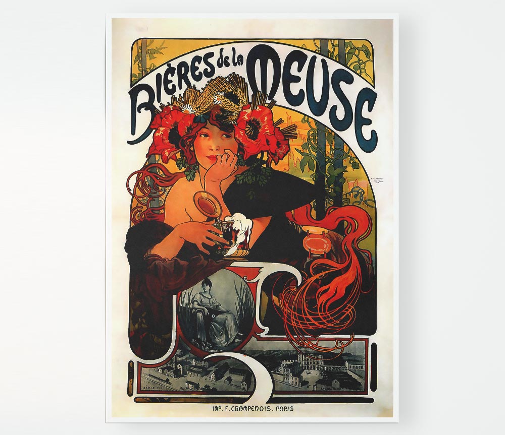 Alphonse Mucha Bieres De La Meuse poster on high-quality canvas, showcasing vibrant colors and intricate details.