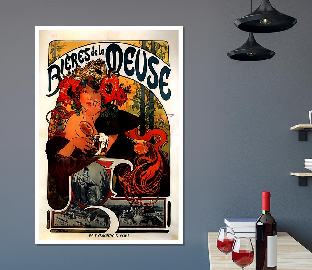 Alphonse Mucha Bieres De La Meuse poster on high-quality canvas, showcasing vibrant colors and intricate details.