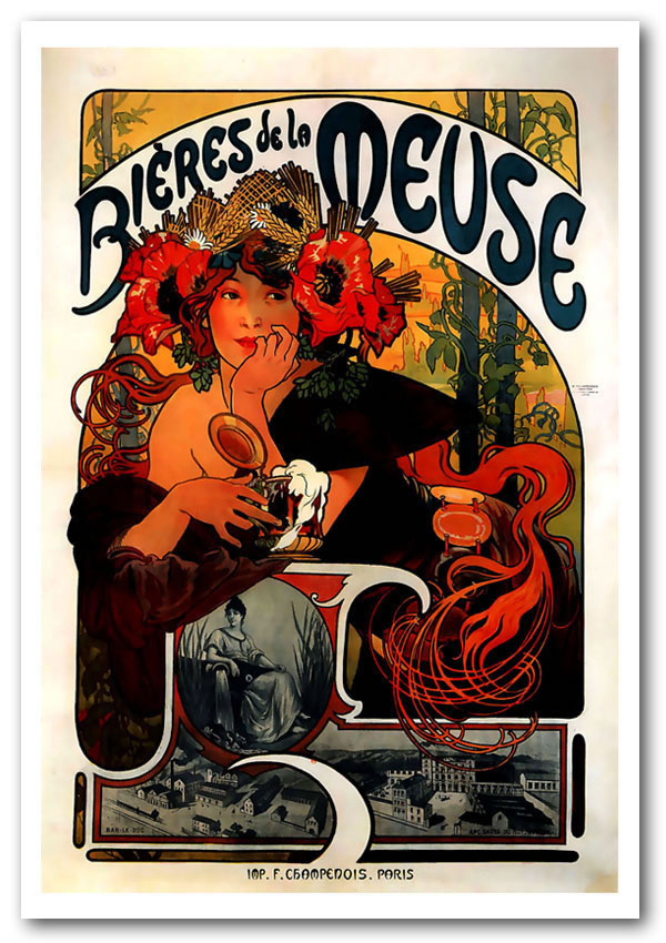 Alphonse Mucha Bieres De La Meuse poster on high-quality canvas, showcasing vibrant colors and intricate details.