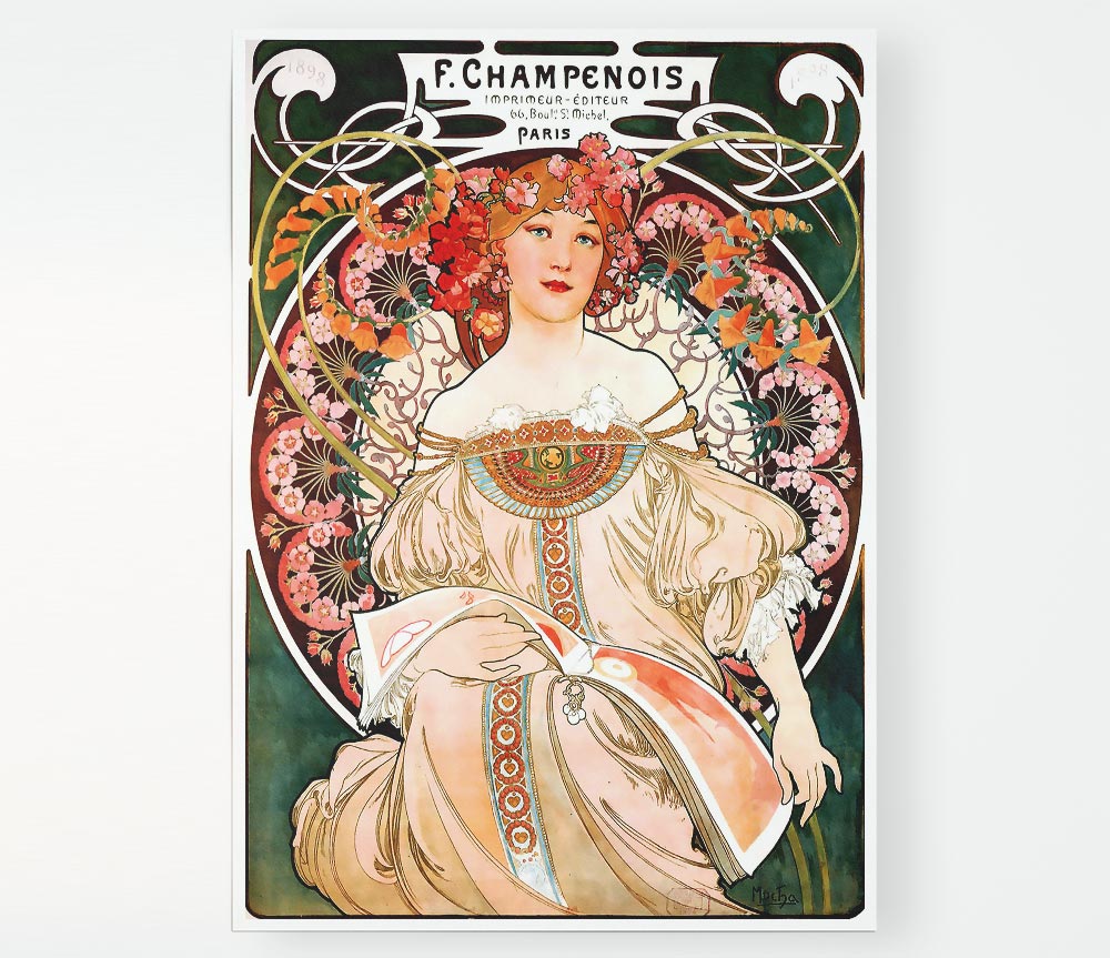 Alphonse Mucha Champenois poster on high-quality canvas, showcasing intricate Art Nouveau design and vibrant colors.