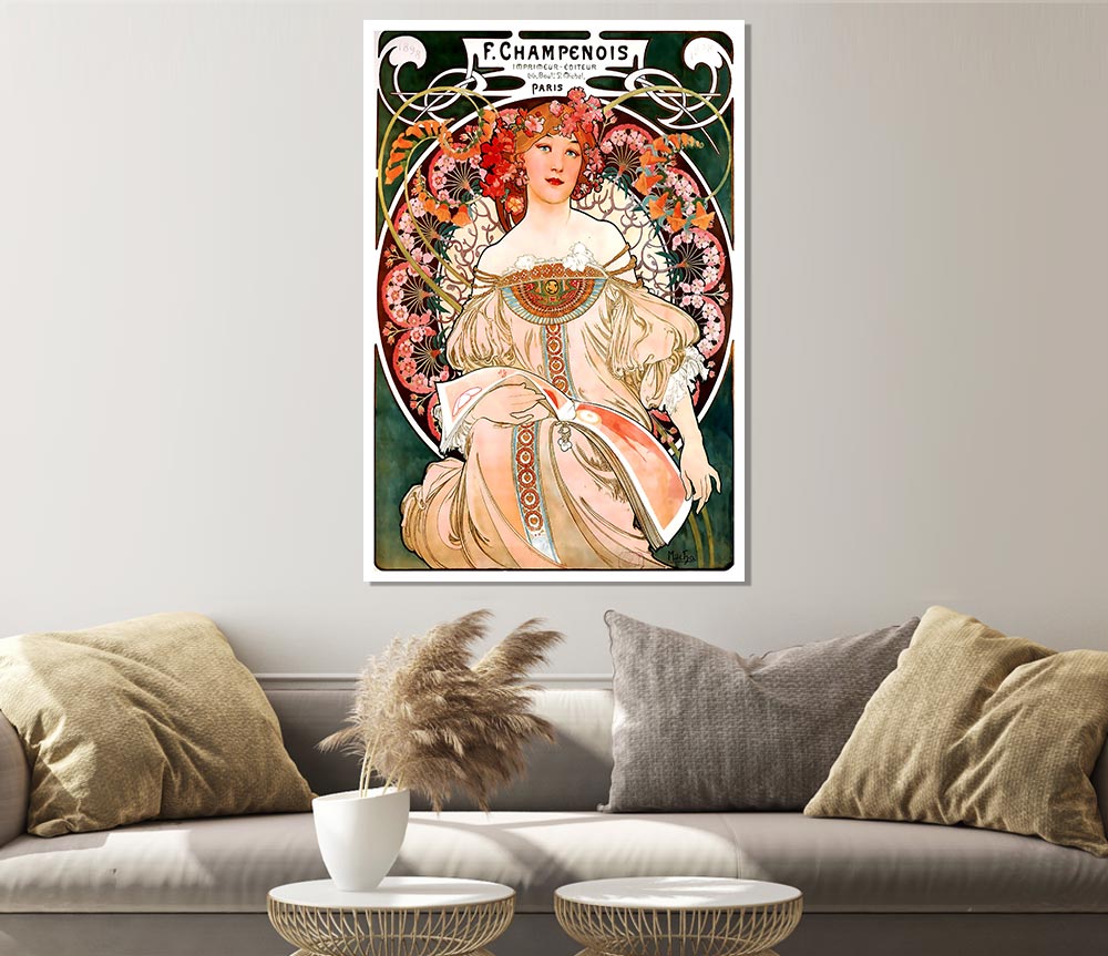 Alphonse Mucha Champenois poster on high-quality canvas, showcasing intricate Art Nouveau design and vibrant colors.