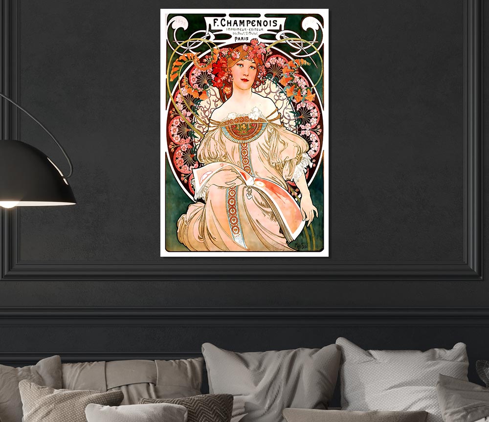 Alphonse Mucha Champenois poster on high-quality canvas, showcasing intricate Art Nouveau design and vibrant colors.