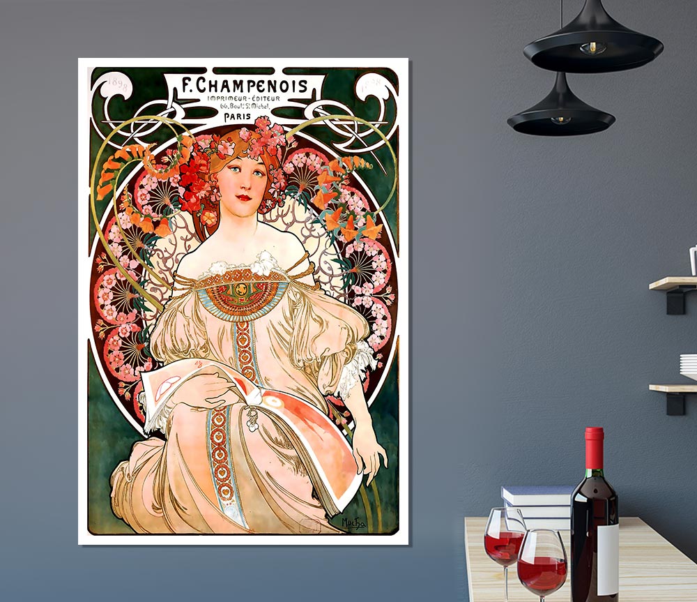 Alphonse Mucha Champenois poster on high-quality canvas, showcasing intricate Art Nouveau design and vibrant colors.