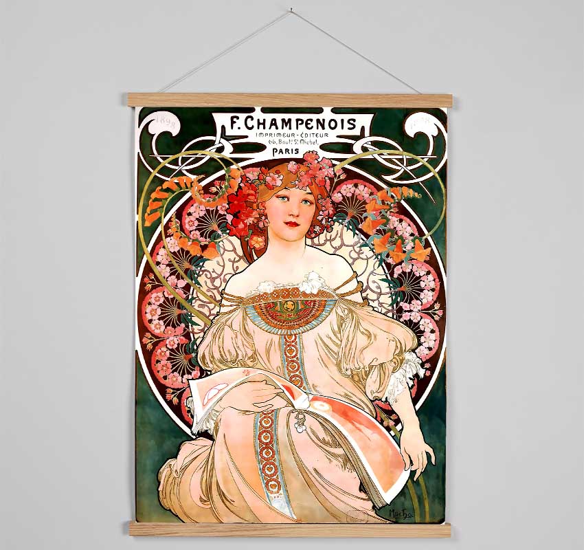 Elegant wooden poster hangers displaying Alphonse Mucha Champenois print, featuring magnetic fastening and natural wood finish.