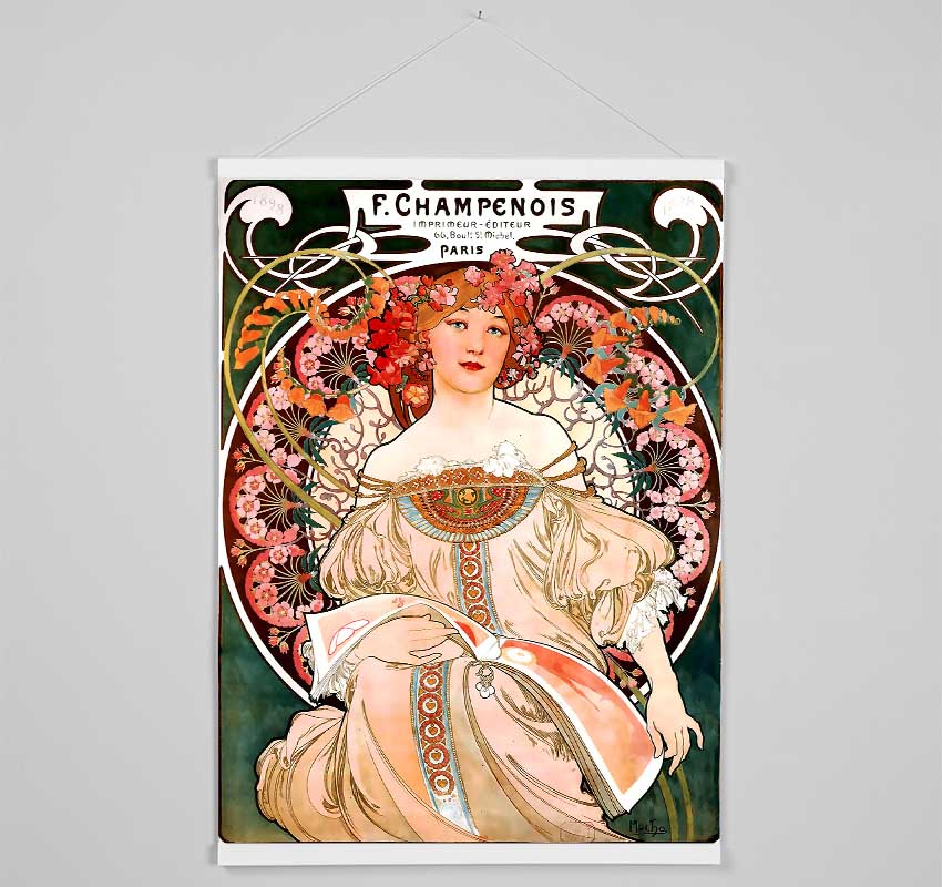 Elegant wooden poster hangers displaying Alphonse Mucha Champenois print, featuring magnetic fastening and natural wood finish.