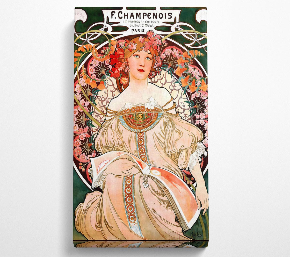 Alphonse Mucha Champenois canvas art, featuring vibrant colors and intricate designs, mounted on a 44mm box frame, ready to hang.