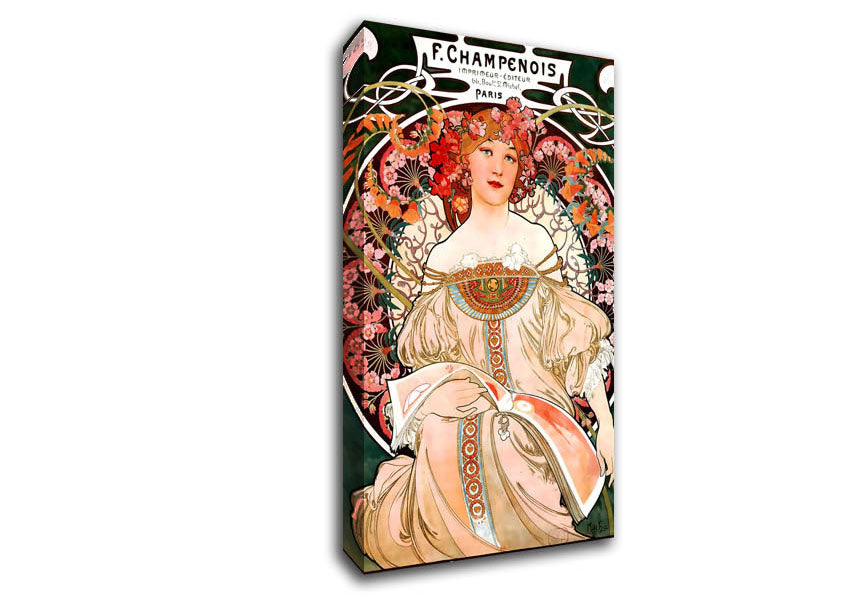 Alphonse Mucha Champenois canvas art, featuring vibrant colors and intricate designs, mounted on a 44mm box frame, ready to hang.