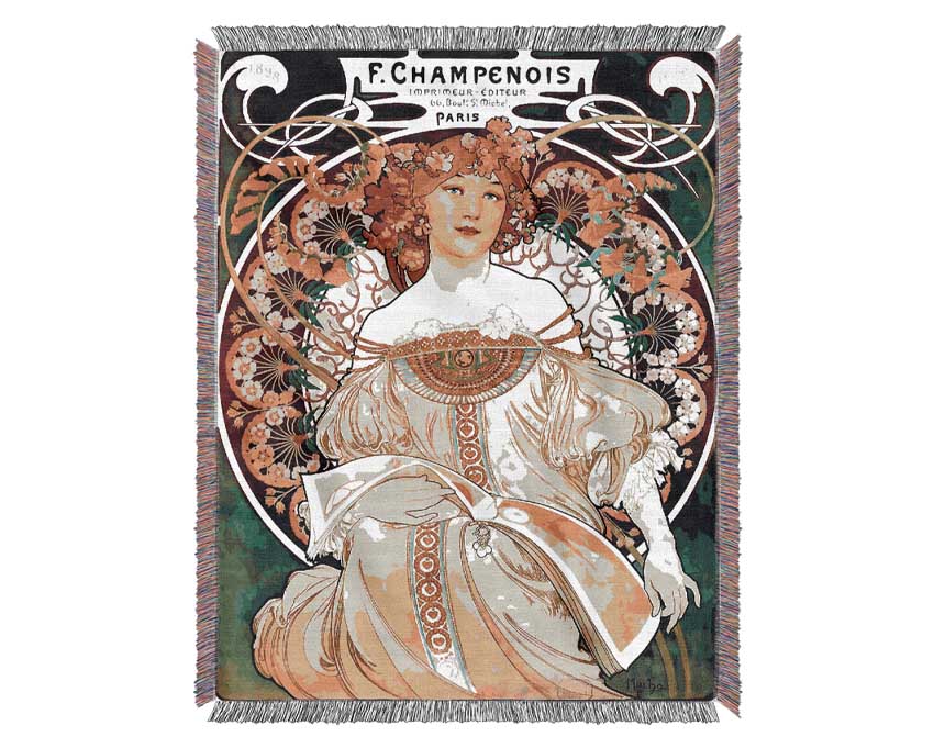 Alphonse Mucha Champenois throw blanket made from 100% cotton, featuring a luxurious thermal weave design.