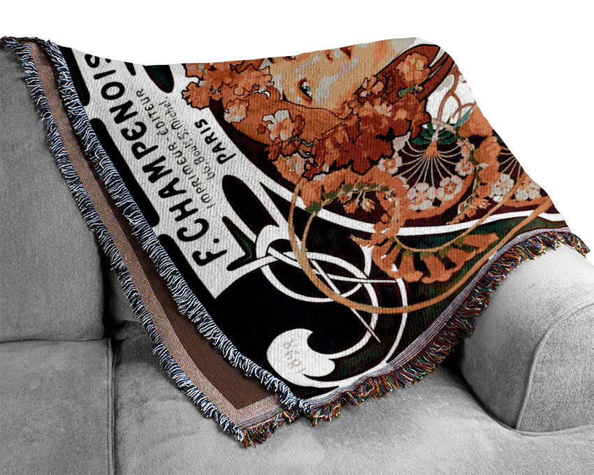 Alphonse Mucha Champenois throw blanket made from 100% cotton, featuring a luxurious thermal weave design.