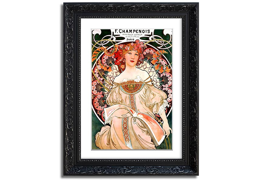 Framed print of Alphonse Mucha's Champenois artwork, showcasing intricate details and vibrant colors.