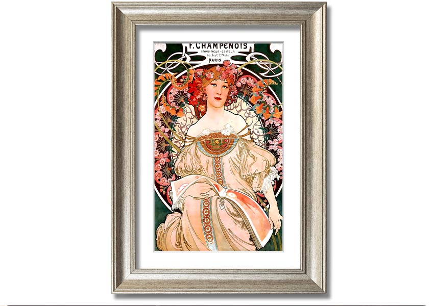 Framed print of Alphonse Mucha's Champenois artwork, showcasing intricate details and vibrant colors.